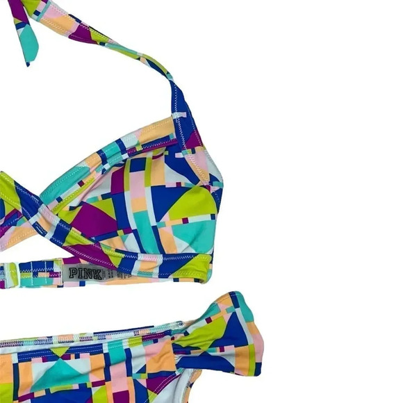 PINK Victorias Secret Halter Bikini Size Medium Geometric Padded Swim - Picture 4 of 8